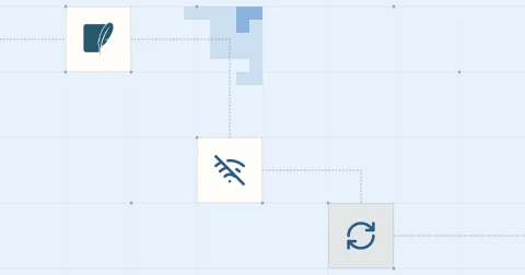 Le logo de SQLite et des pictogrammes de réseau coupé et de synchronisation, reliés sur une grille