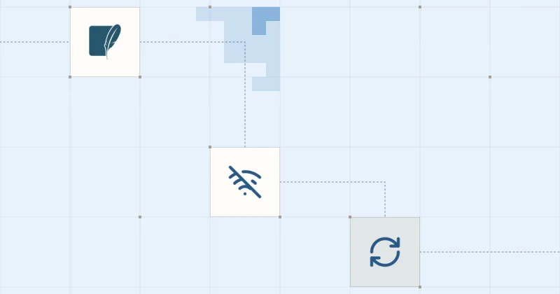 Le logo de SQLite et des pictogrammes de réseau coupé et de synchronisation, reliés sur une grille