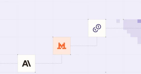 Les logos d’Anthropic et Mistral AI et un pictogramme de pièces, reliés sur une grille