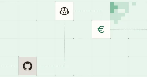 Les logos de GitHub et GitHub Copilot et un symbole euro, reliés sur une grille