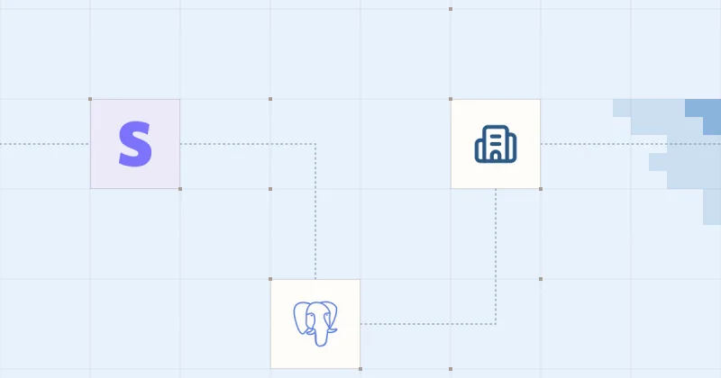 Les logos de Stripe et PostgreSQL et un pictogramme d’immeubles, reliés sur une grille