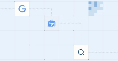 Les logos de Google et Google Search Console et un pictogramme de loupe, reliés sur une grille