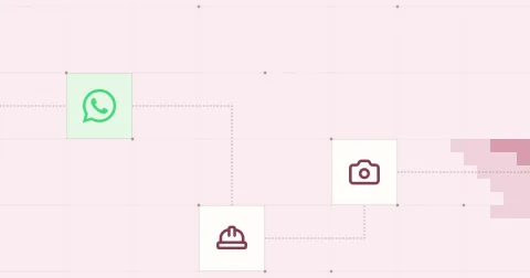 Le logo de WhatsApp et des pictogrammes de casque de chantier et d’appareil photo, reliés sur une grille