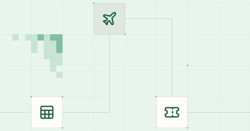 Pictogrammes de tableur, d’avion et de billet reliés sur une grille