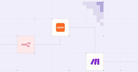 Les logos de n8n, Zapier et Make reliés sur une grille