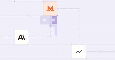Les logos d’Anthropic et Mistral AI et une courbe ascendante, reliés sur une grille