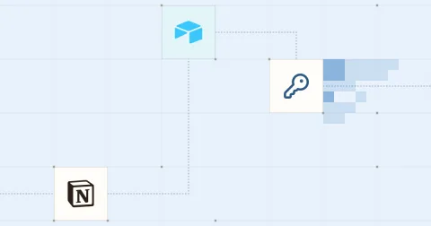 Les logos de Notion et Airtable et un pictogramme de clé, reliés sur une grille