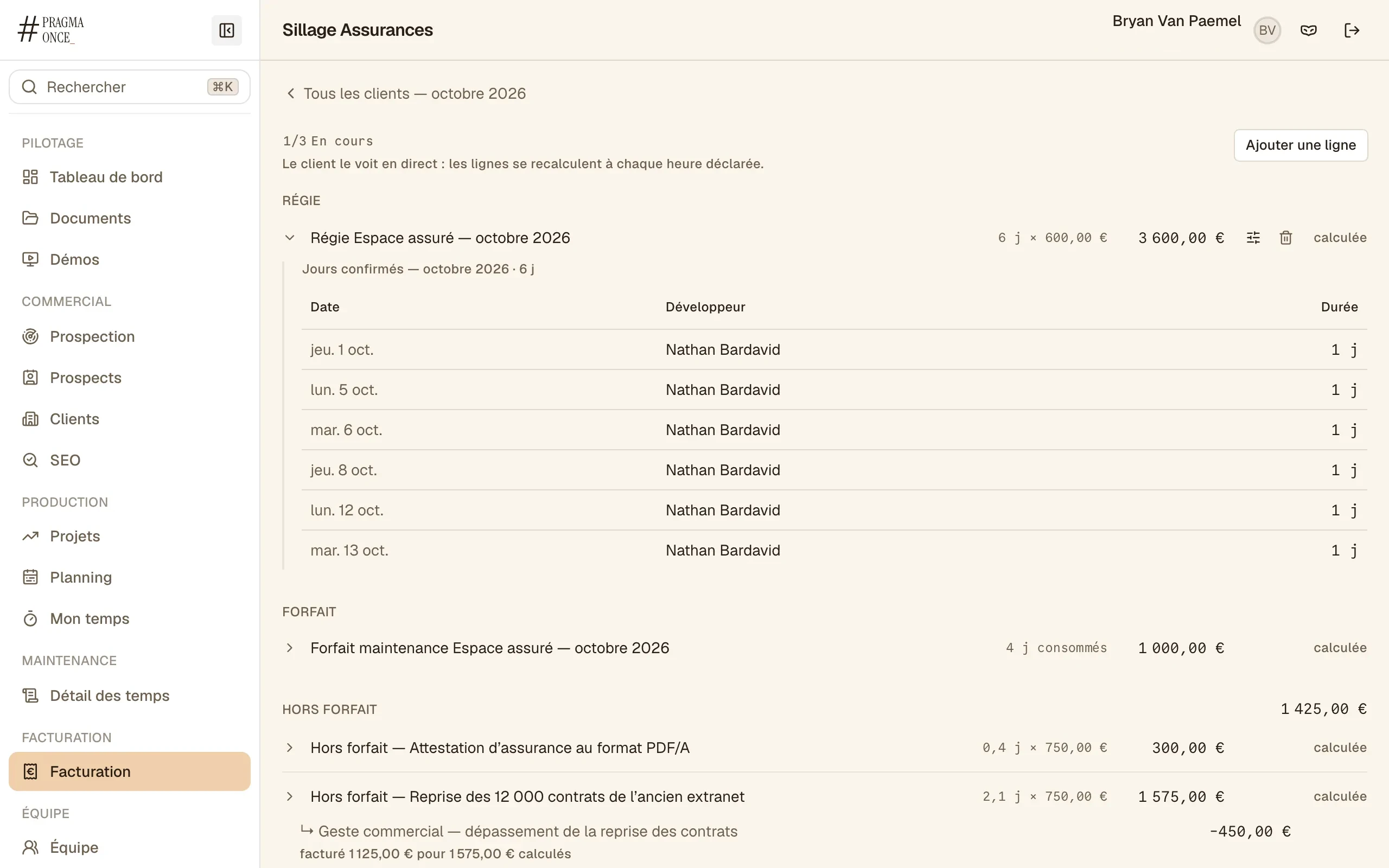 Relevé mensuel d’un client : la ligne de régie dépliée sur les six jours confirmés du mois, puis le forfait de maintenance, deux lignes hors forfait et un geste commercial.