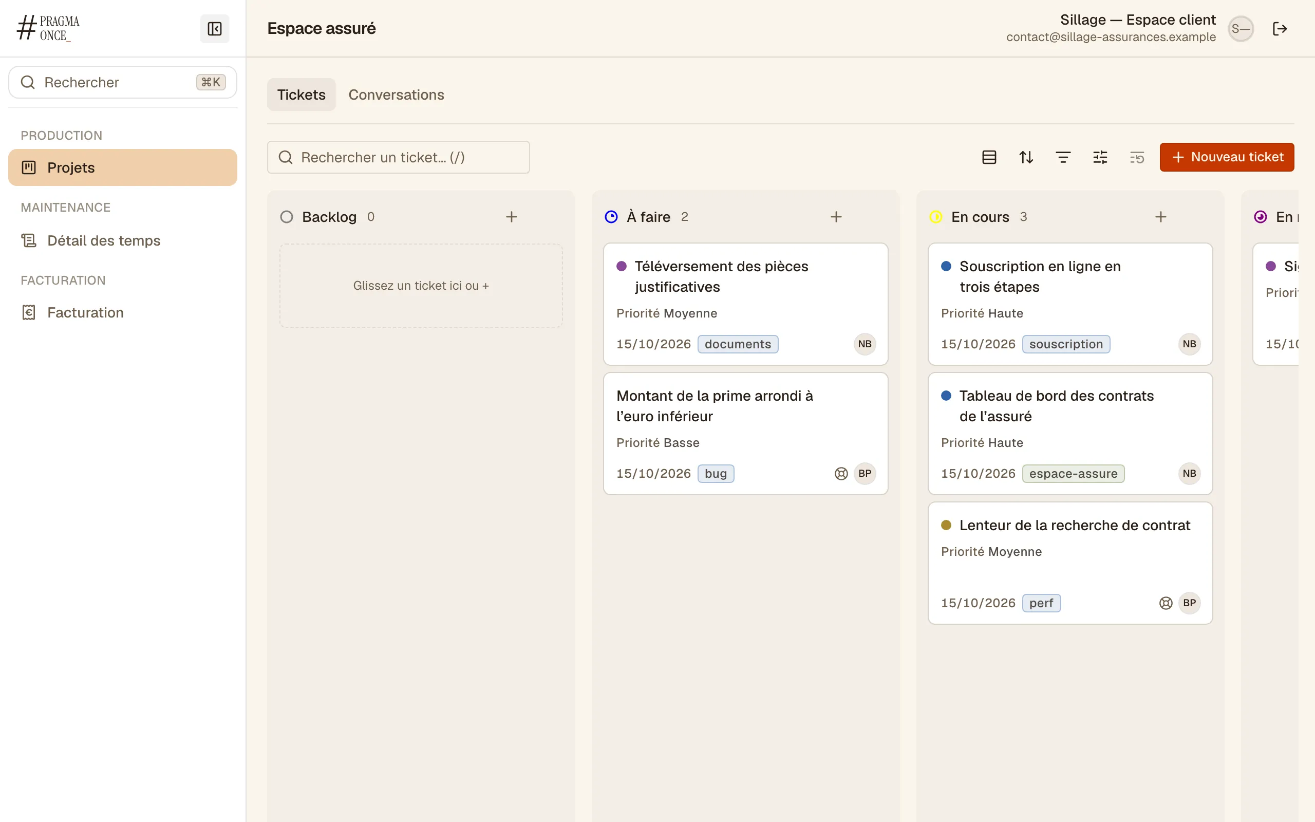 Le board du projet vu par un client : son menu se limite à Projets, Détail des temps et Facturation, et le board ne montre que ses tickets.
