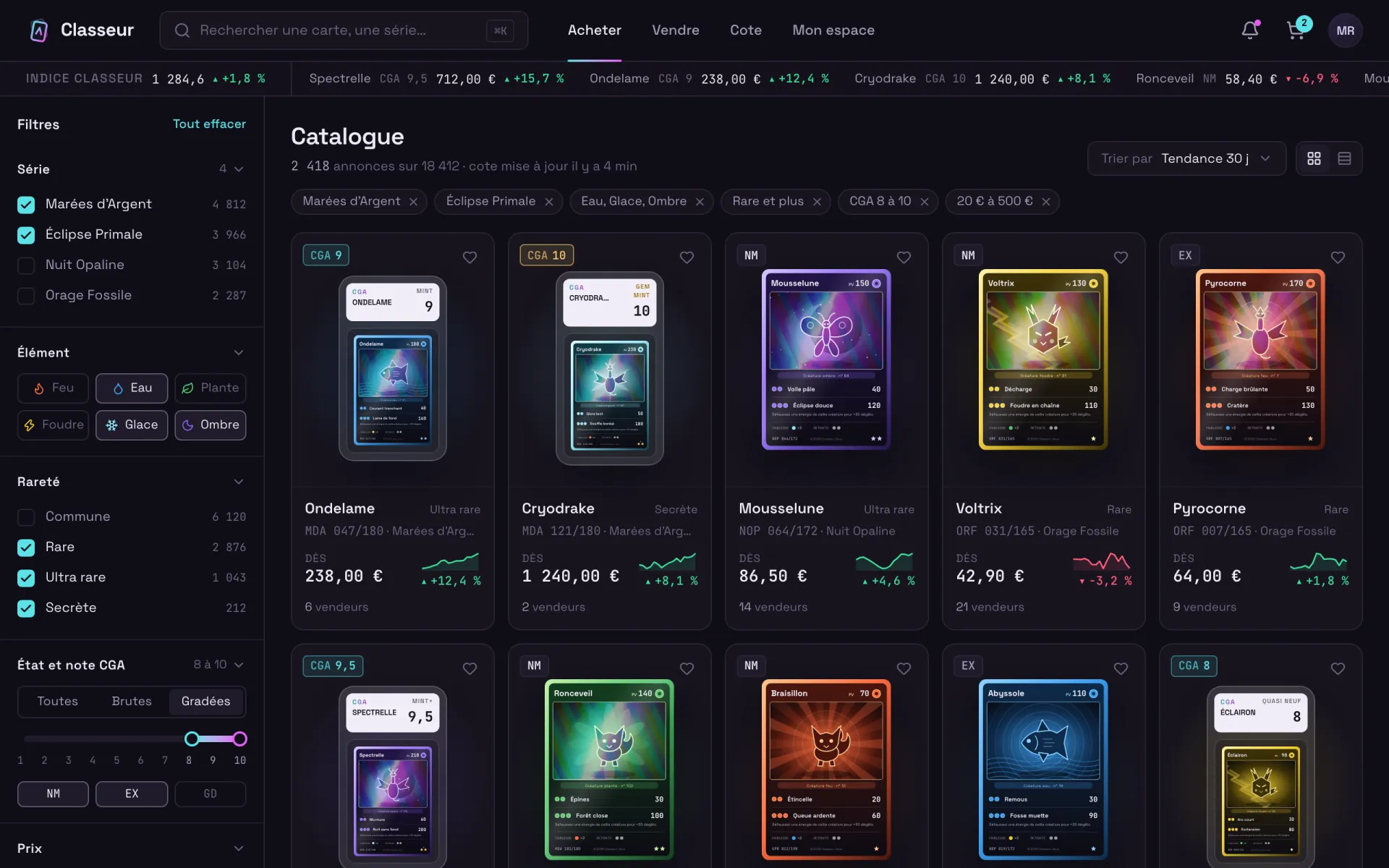 Catalogue de cartes à collectionner avec filtres par série, état et prix, et tendance de cote de chaque carte.