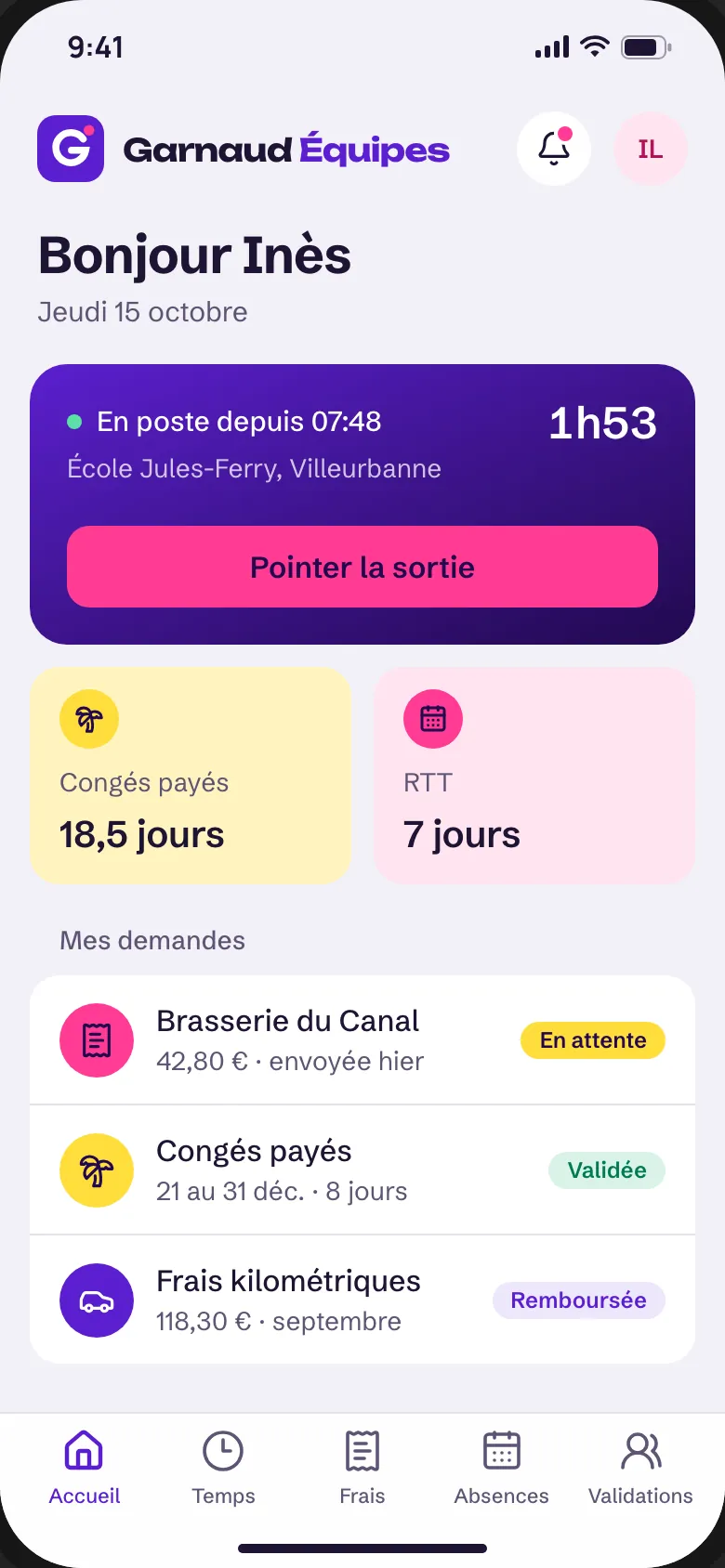 Accueil de Garnaud Équipes : journée pointée depuis 7 h 48 sur un chantier, soldes de congés payés et de RTT, demandes en cours.