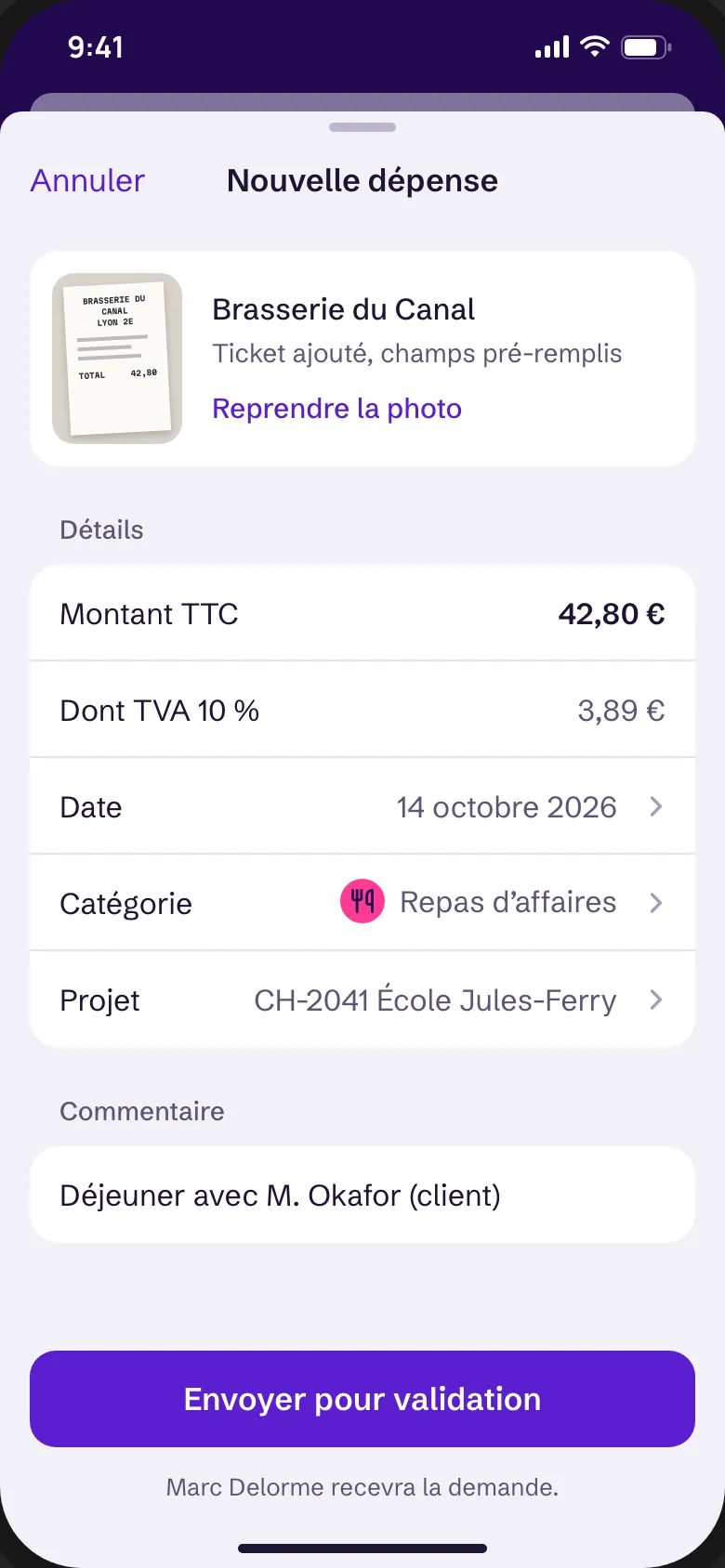 Nouvelle dépense après la photo d’un ticket de restaurant : montant, TVA, date, catégorie et projet pré-remplis, prête à envoyer.