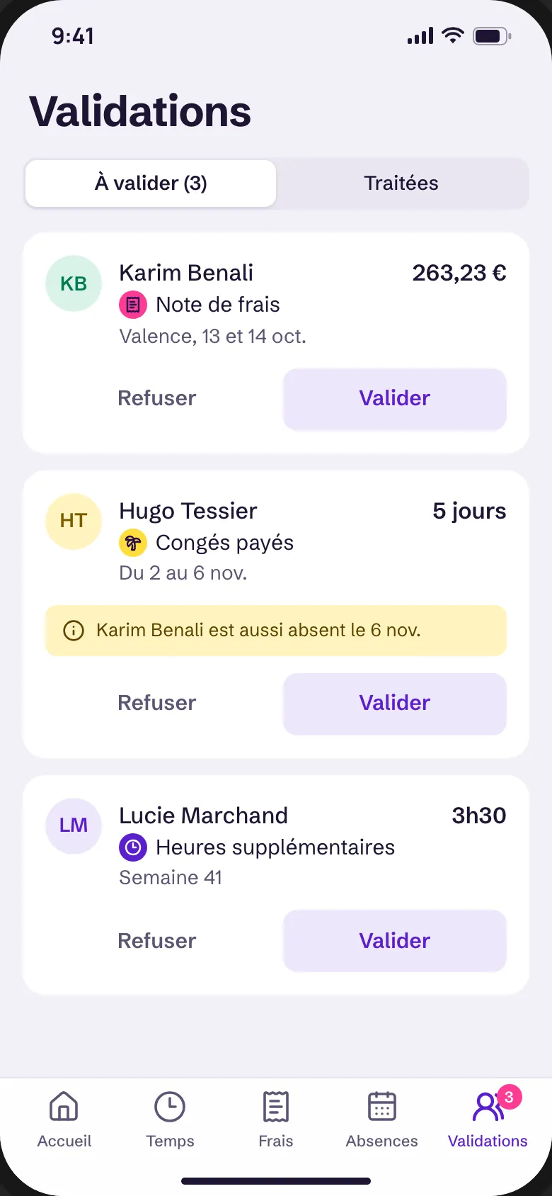 Vue manager : trois demandes à valider, une note de frais, des congés et des heures supplémentaires, chacune avec Refuser et Valider.