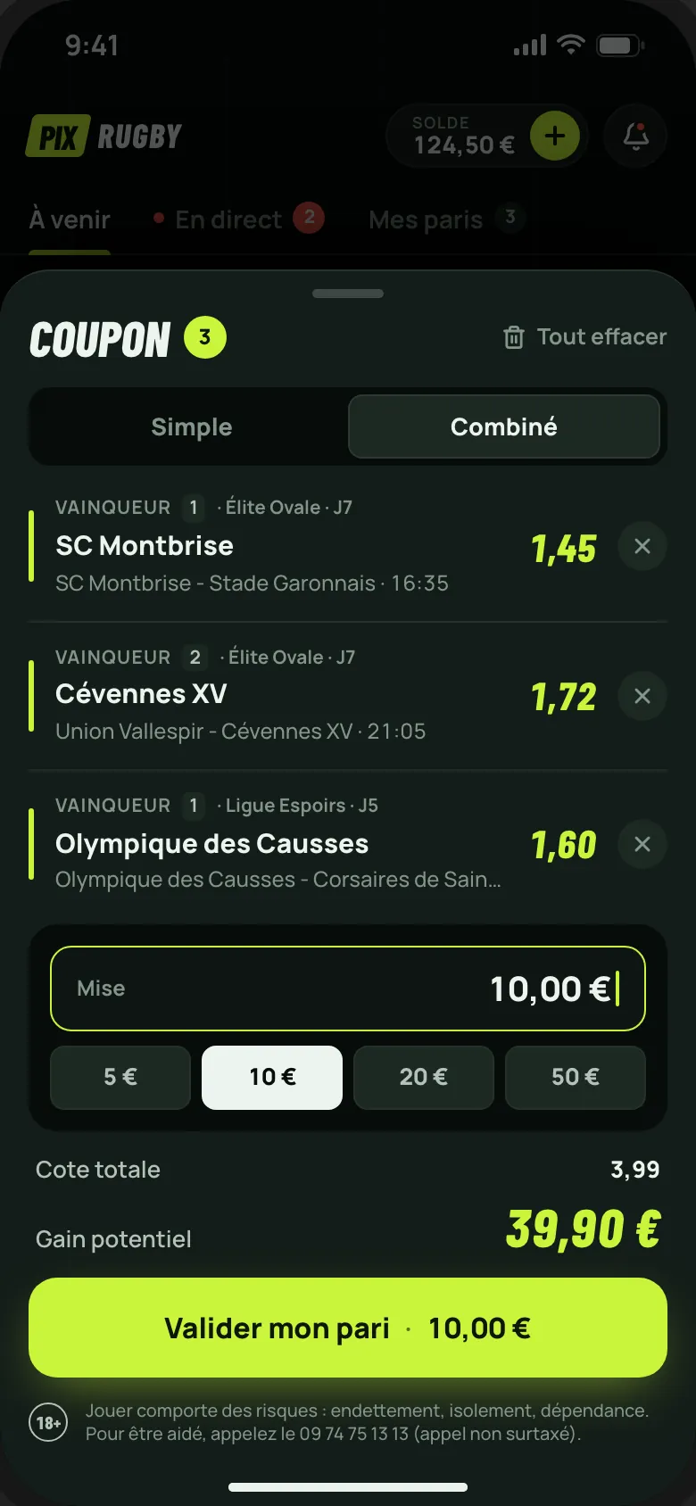 Coupon de paris ouvert : deux sélections combinées, la mise, la cote totale et le gain potentiel.