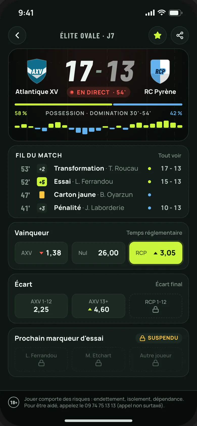 Match en direct : score, minute de jeu, fil des essais et pénalités, cotes mises à jour.