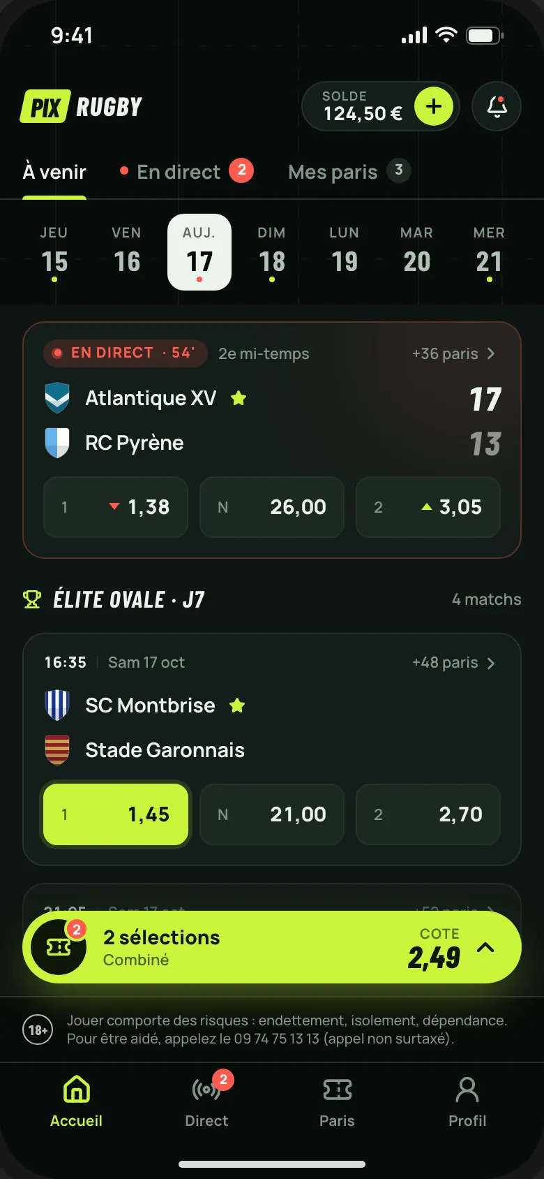 Liste des matchs de la journée avec les cotes 1, N, 2 de chaque rencontre et un match en direct.