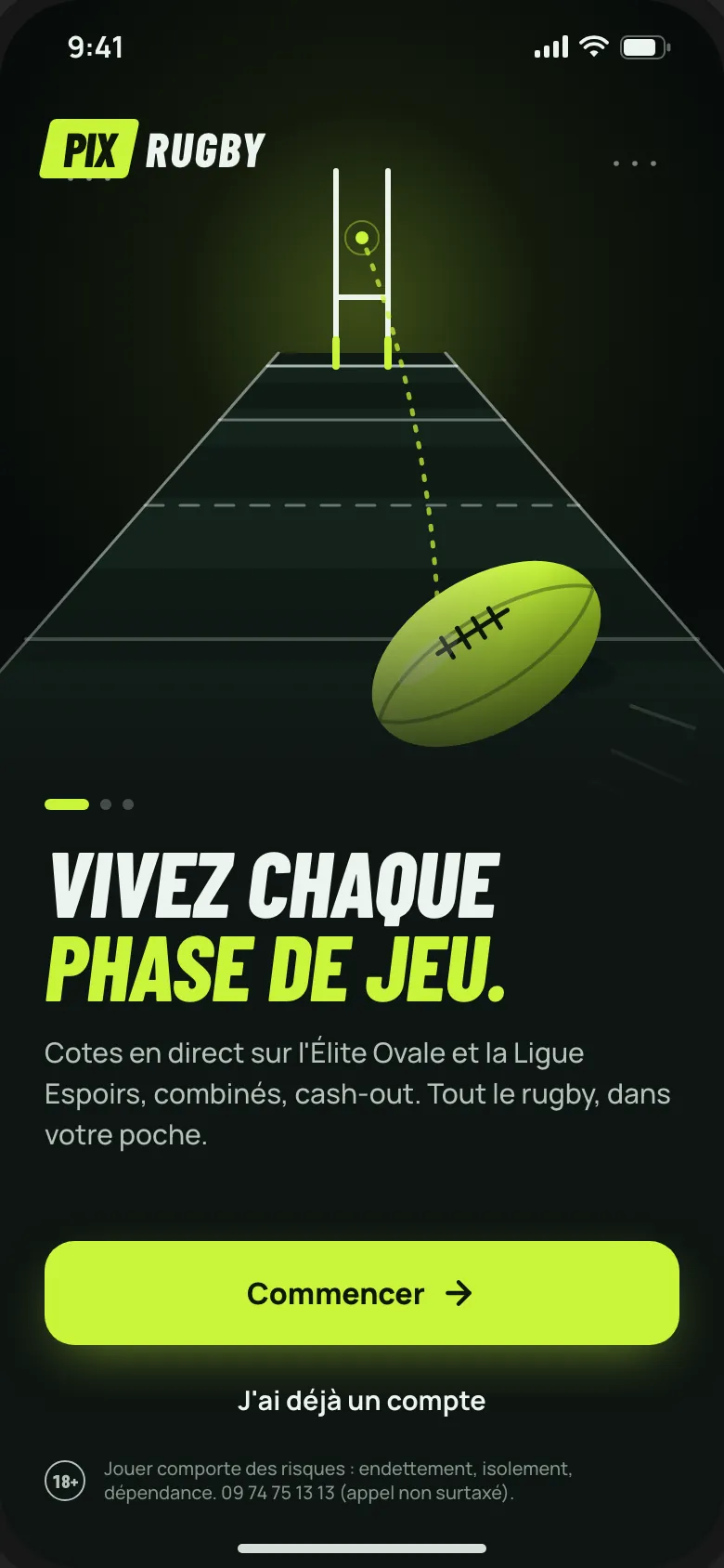 Écran d’accueil de Pix Rugby : illustration d’un ballon et des poteaux, bouton Commencer.
