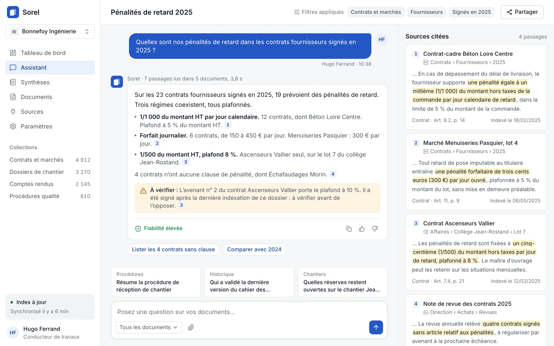 Question sur les pénalités de retard des contrats fournisseurs : réponse sourcée avec citations numérotées, passages cités surlignés et exemples de questions.