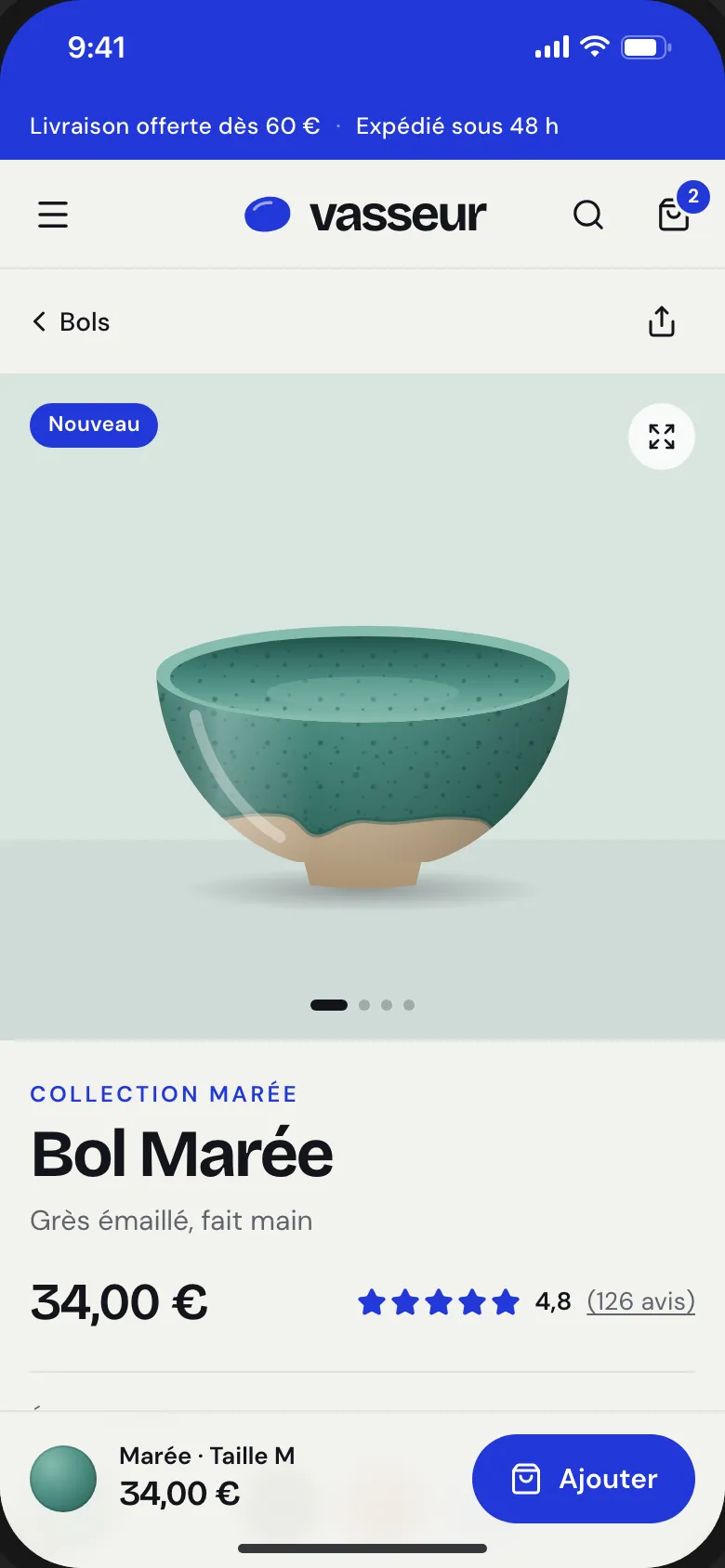 Fiche du bol Marée sur téléphone : galerie plein écran, prix, et barre d’ajout au panier fixée en bas.